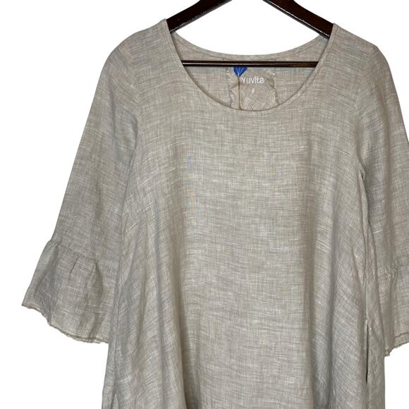 Yuvita 100% Linen Beige Tunic Mini Dress 3/4 Bell Sleeve Lagenlook size Small - Picture 2 of 5